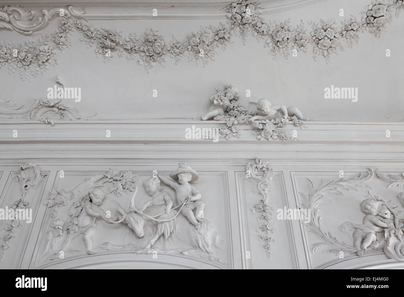 Rococo stucco decoration by German sculptor Johann Michael Graff in the White Hall of the Rundale Palace, Latvia. Stock Photo