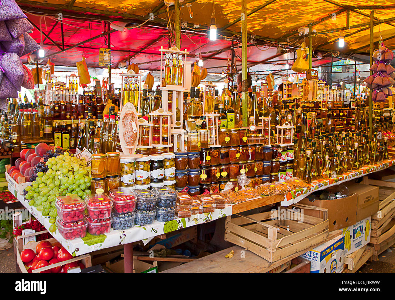 Fresh products on picturesque display at the open air market of Trogir , Croatia, open daily for tourists and local buyers. Stock Photo