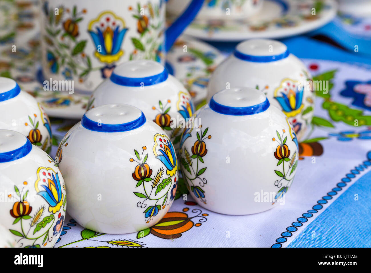 Colorful ceramics in traditonal polish market. Stock Photo