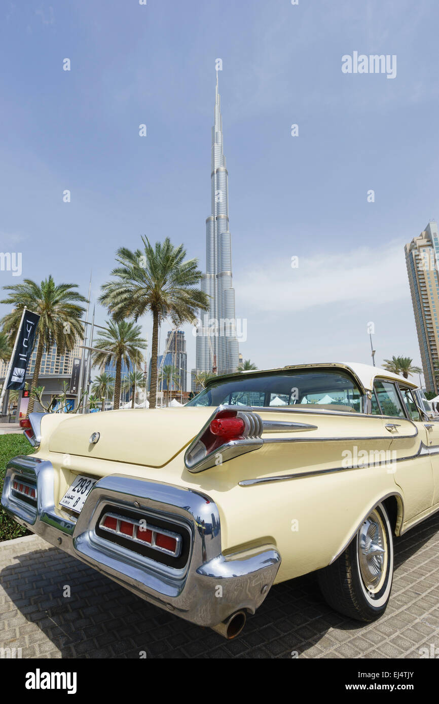 Vintage cars on display at the Emirates Classic Car Festival March 2015 in Downtown district of