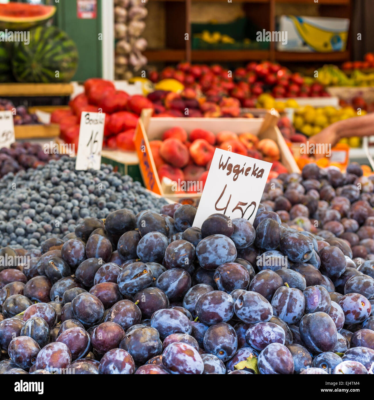 Plums on the market stand in Poland Stock Photo Alamy