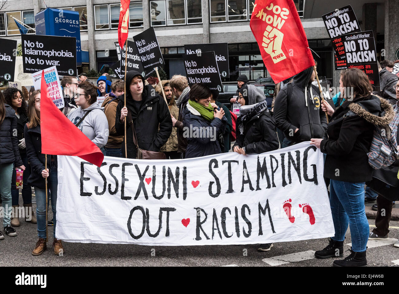 London, UK. 21st March, 2015. Students from Essex University joined thousands of demonstrators gathered today in London to participate in the Stand Up To Racism demonstration today. The national demonstration against racism and fascism takes place a month before the General Election and sends a powerful message to politicians. Credit:  Gordon Scammell/Alamy Live News Stock Photo