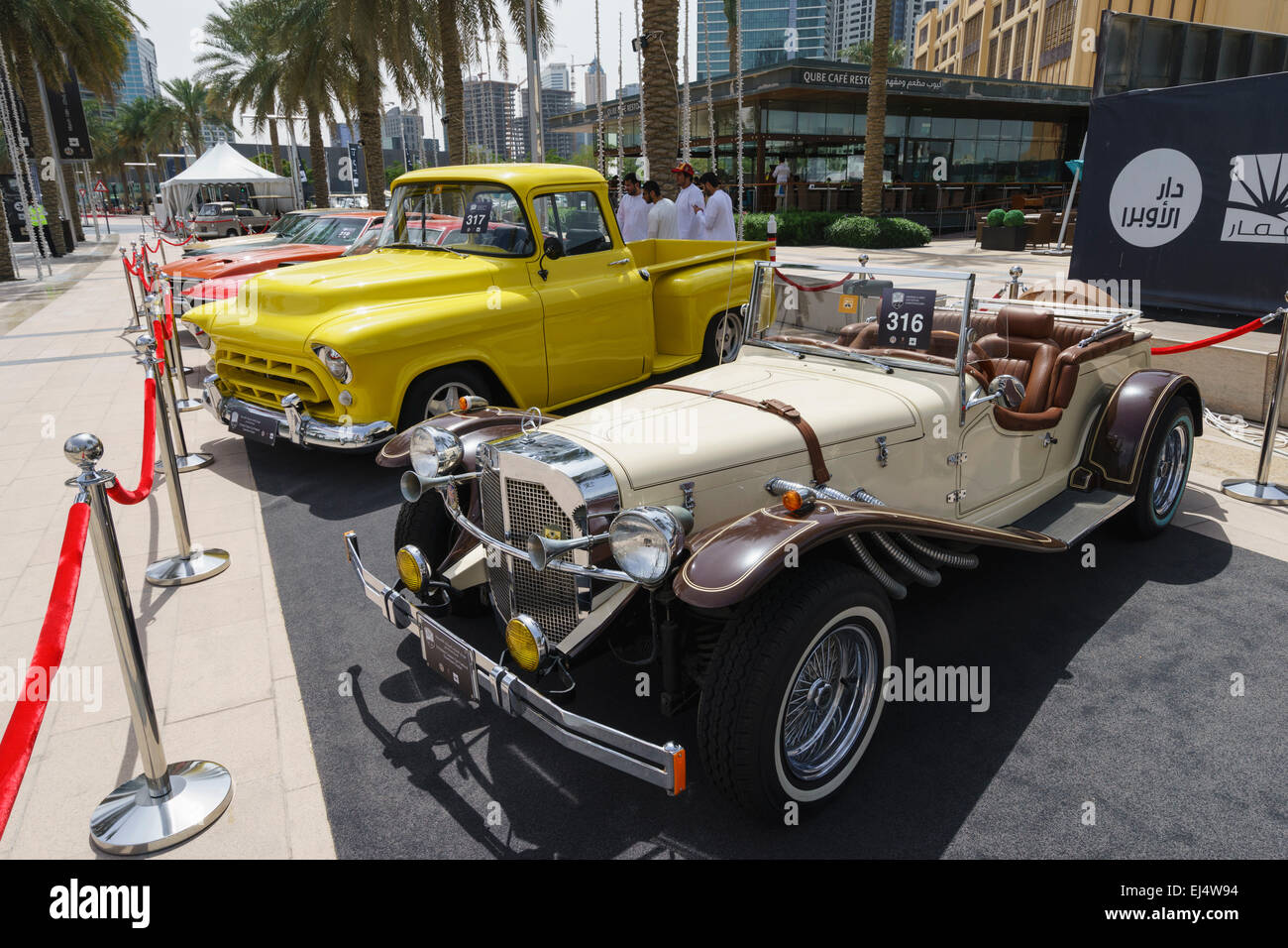 Vintage cars on display at the Emirates Classic Car Festival March 2015 in Downtown district of Dubai United Arab Emirates Stock Photo