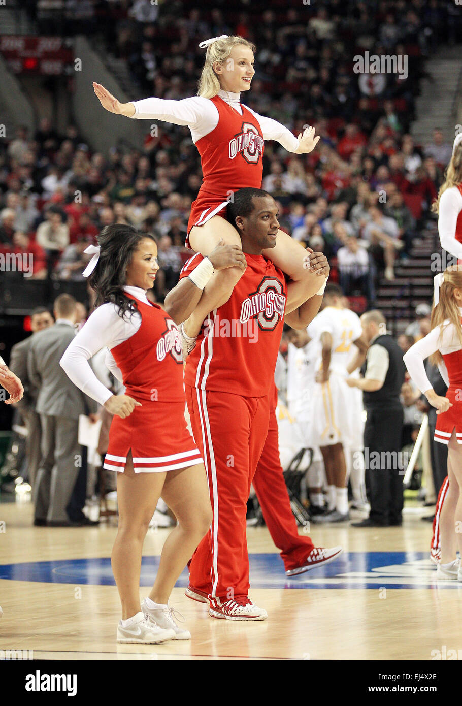 March 19, 2015: The Ohio State cheerleading squad perform during a timeout  at the 2nd round of the 2015 NCAA Men's Basketball Championships between  the Buckeyes and the Virginia Commonwealth University Rams