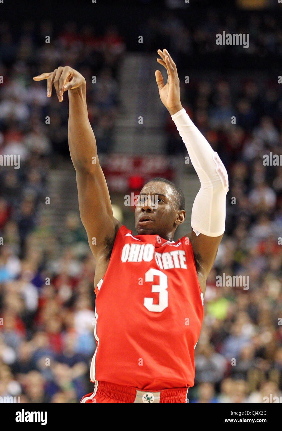 March 19, 2015: Ohio State Buckeyes guard Shannon Scott (3) takes a free throw during the 2nd round of the 2015 NCAA Men's Basketball Championships between the Buckeyes and the Virginia Commonwealth University Rams at the Moda Center, Portland OR Stock Photo