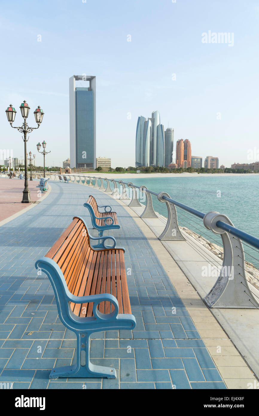 Waterfront promenade and skyline in Abu Dhabi United Arab Emirates Stock Photo