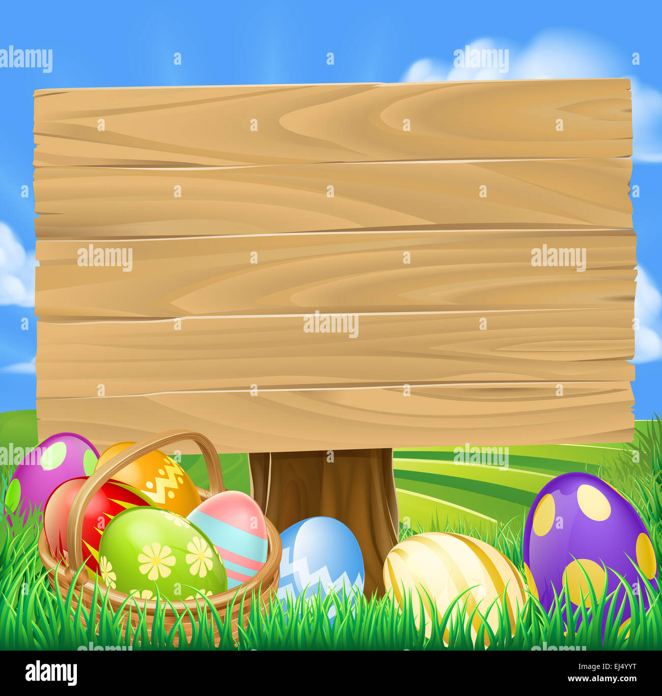 Easter Egg Hunt Cartoon Sign With A Basket Of Easter Eggs In Rolling Green Hills Stock Photo Alamy