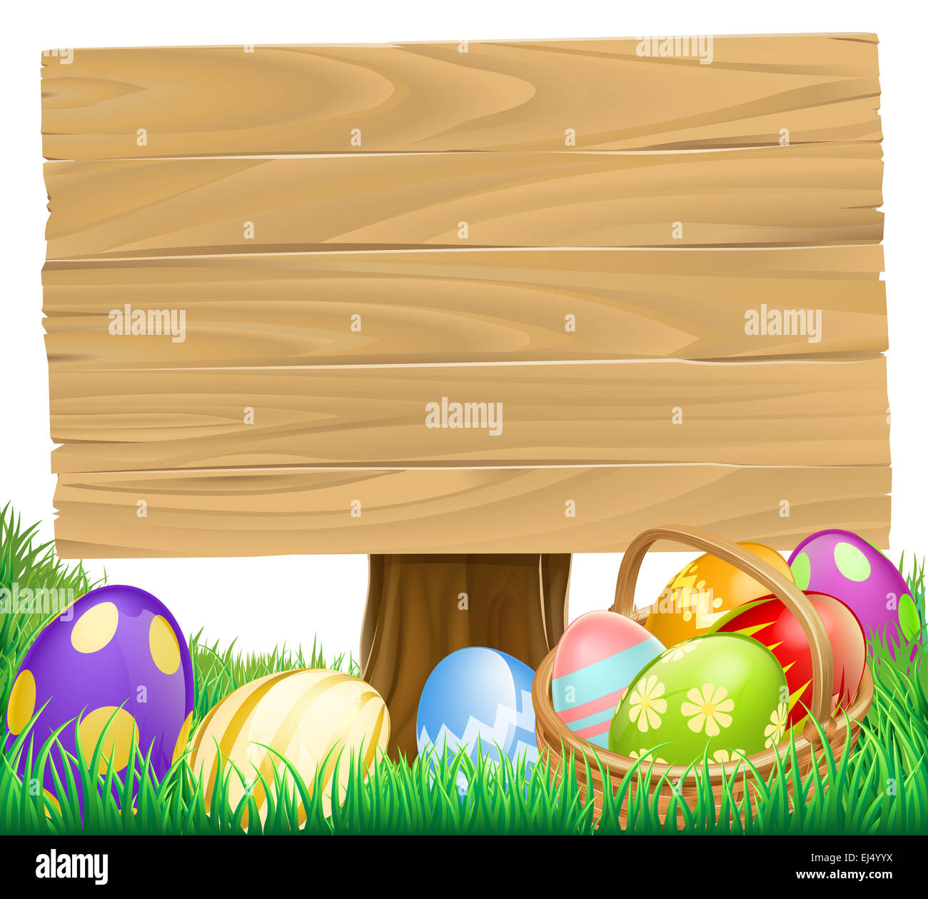 Wooden Easter Egg Sign with a basket hamper full of eggs Stock Photo
