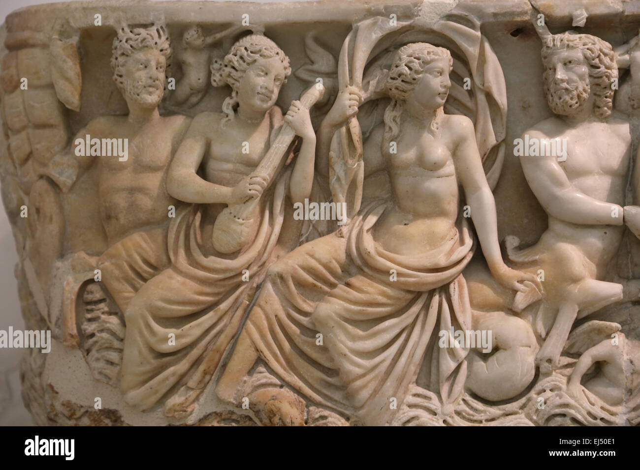 Sarcophagus of the Quinta Flavia Severina. Relief with Nereid and Triton. 3rd century AD. From Rome. Capitoline Museums. Rome. Stock Photo