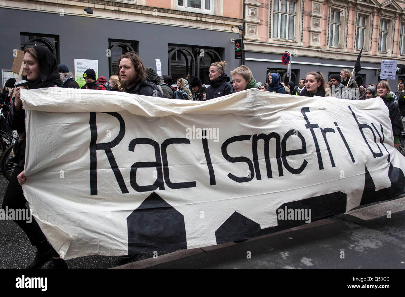 Copenhagen, Denmark, March 21st, 2015: Participants in Saturday's rally in Copenhagen celebrating UN’s International Day against Racism holds a banner reading: “Racism Free City” Credit:  OJPHOTOS/Alamy Live News Stock Photo
