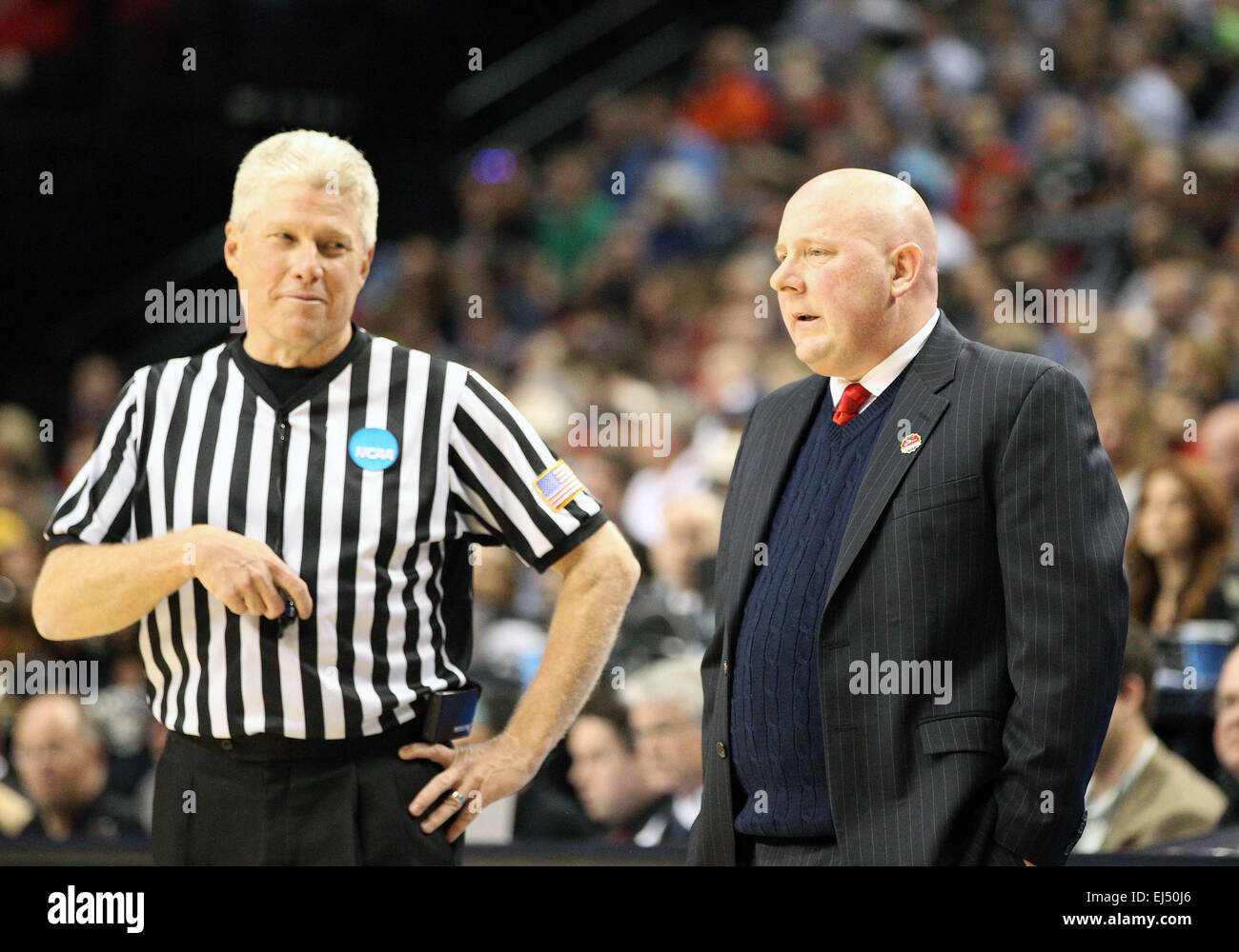 March 19, 2015: Eastern Washington Eagles head coach Jim Hayford discusses some questionable calls during the 2nd round of the 2015 NCAA Men's Basketball Championships at the Moda Center, Portland OR Stock Photo