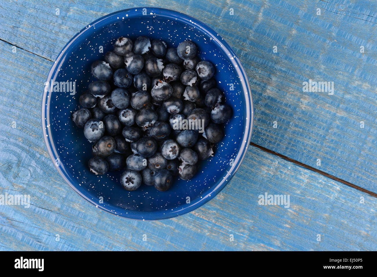 High angle image of an enamelware bowl full of fresh picked blueberries. Horizontal format on a blue wood kitchen table, with co Stock Photo