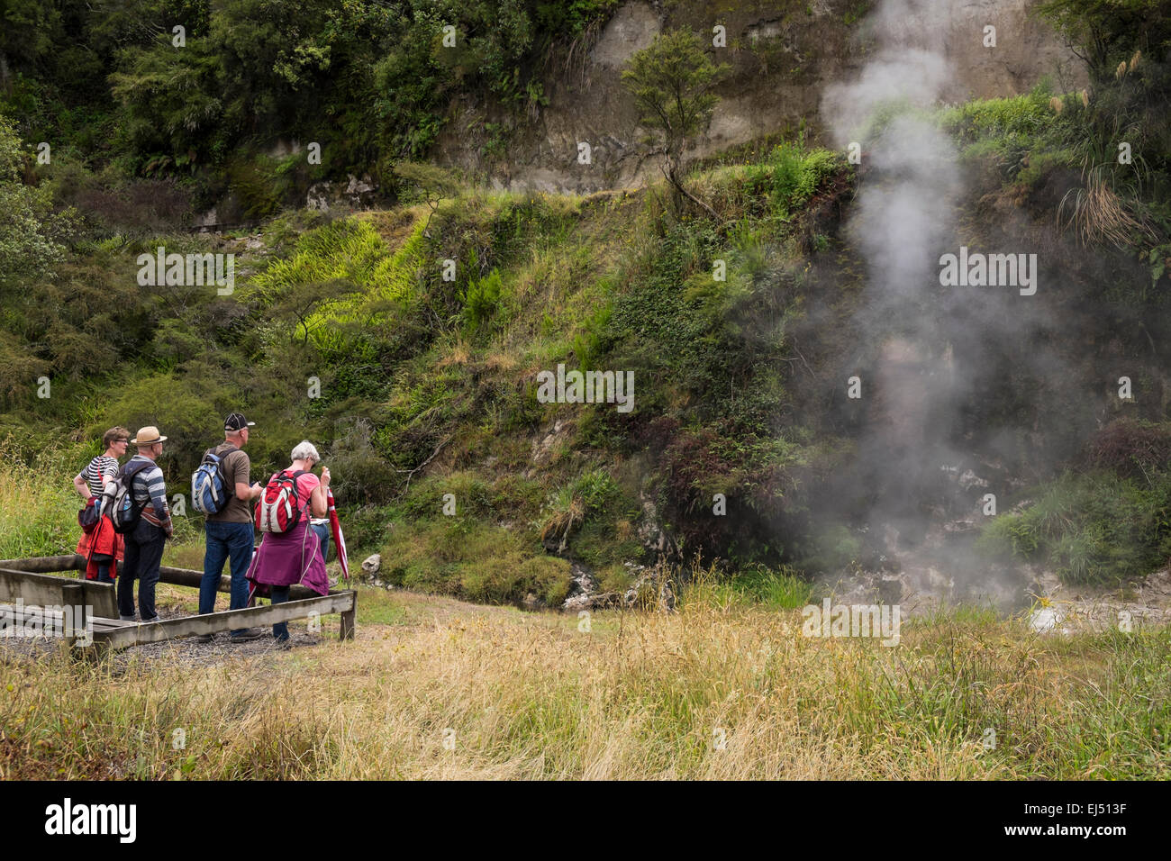 Visitors at Waimangu geothermal area in New Zealand. Stock Photo