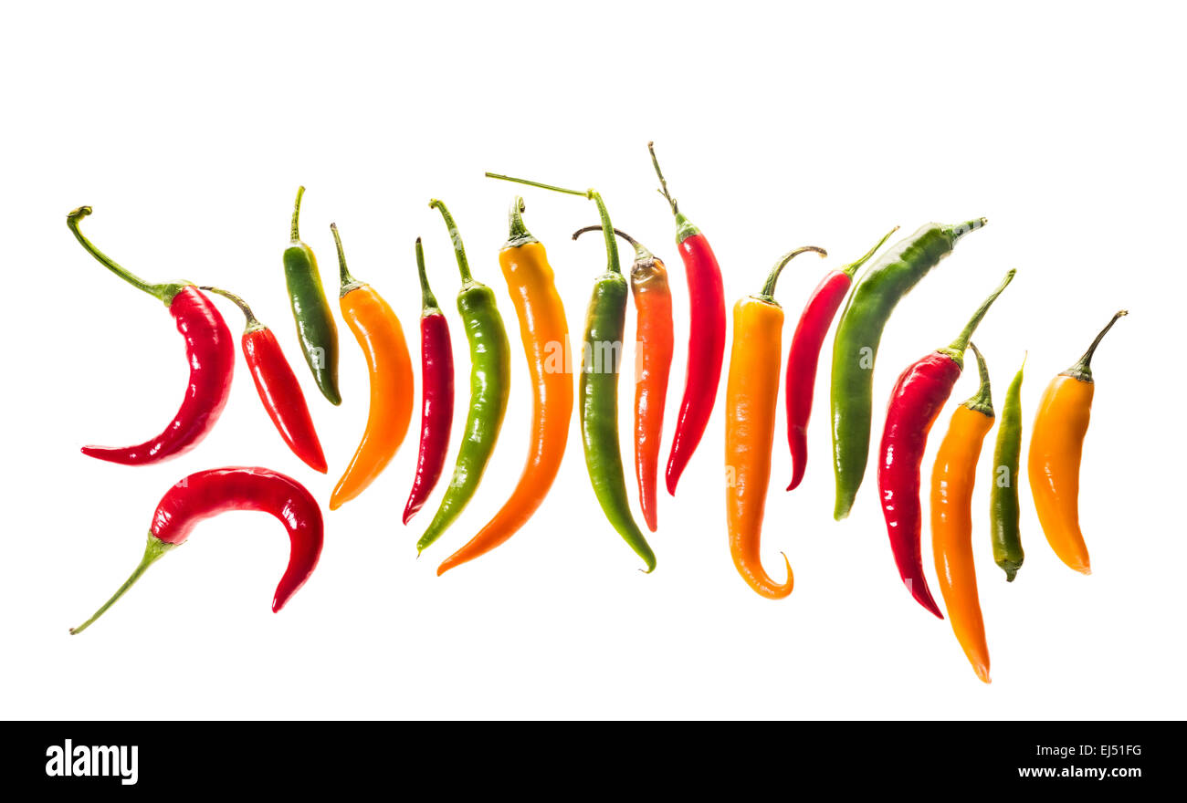 PEPPERS fresh red green pepper chilli chilly chili on white background hot spicy spice row plain much hottest Stock Photo