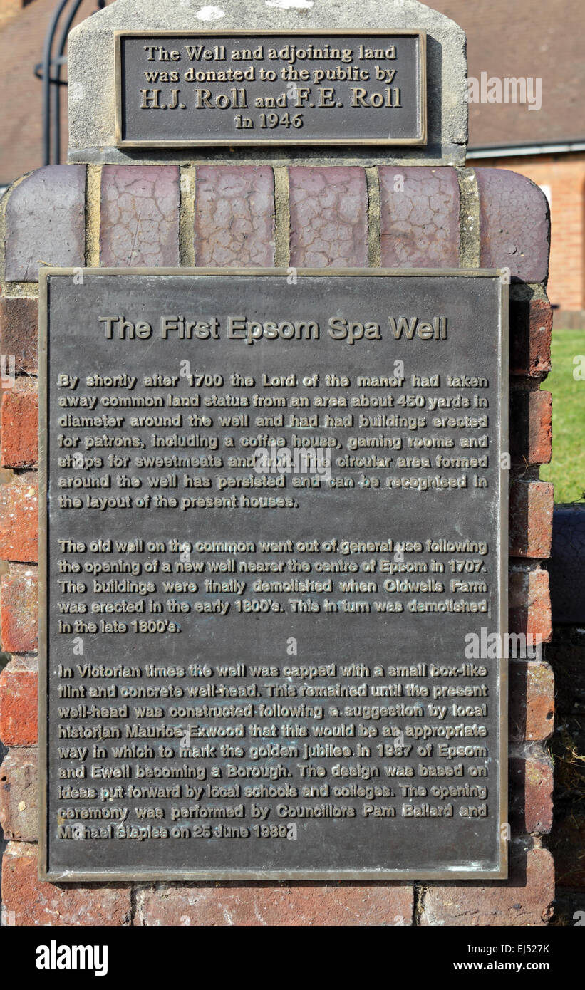 The source of Epsom Salts at The First Epsom Spa Well, Well Way, Epsom, Surrey, England, UK. Stock Photo