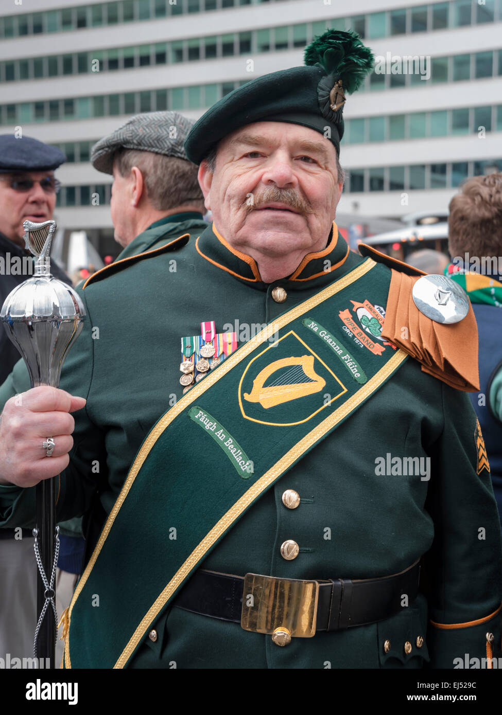 Portrait  of leading musician of Philadelphia Emerald Society Pipe Band with wand, St. Patrick's Day Parade, Philadelphia, USA, Stock Photo