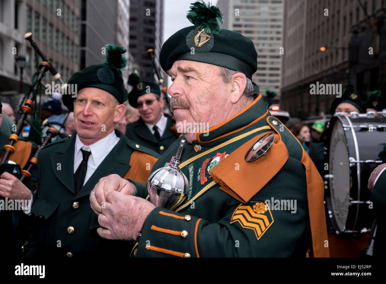 Leading musician of of Philadelphia Emerald Society Pipe Band with wand, St. Patrick's Day Parade, Philadelphia, USA Stock Photo