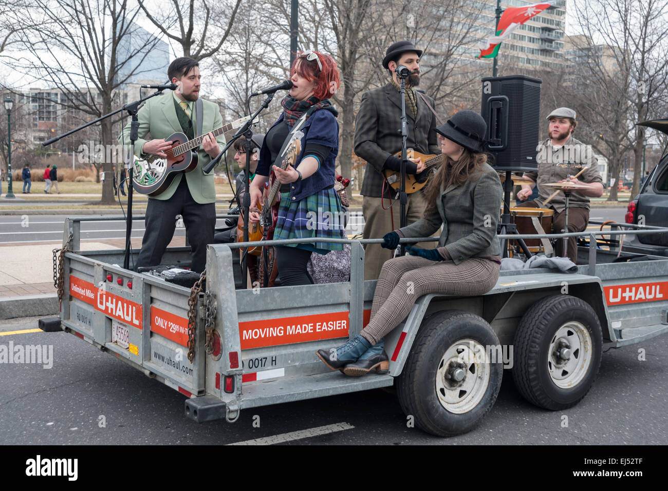 Band on the wheels,  St. Patrick's Day Parade, Philadelphia, USA Stock Photo