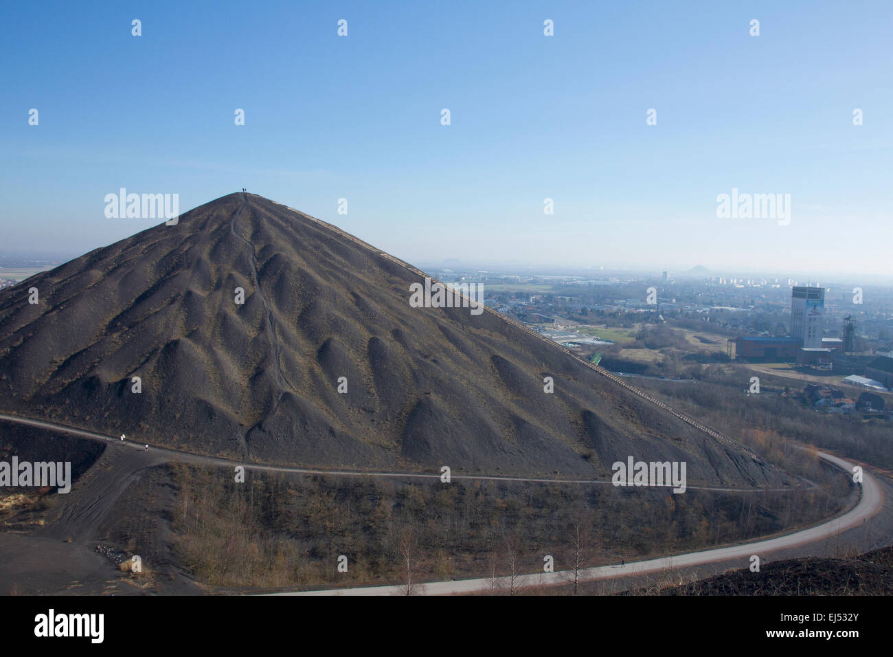 The 11/19 pit and twin slag heaps in Lens (France) or residues left over from the coal extraction process. Stock Photo