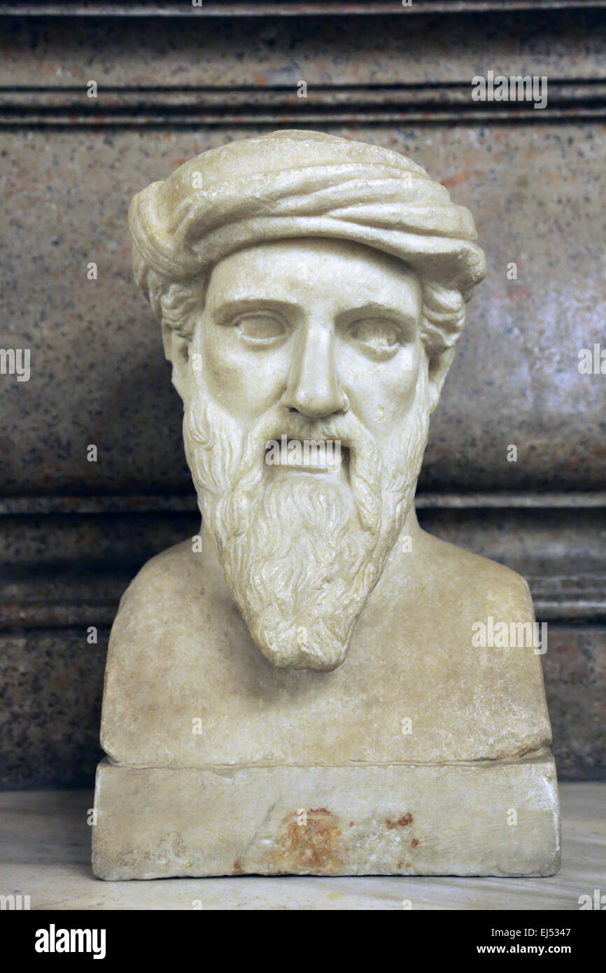 Bust of Greek philosopher and mathematician Pythagoras (570BC-495BC) of Samos in the Capitoline Museums. Rome. Italy. Stock Photo