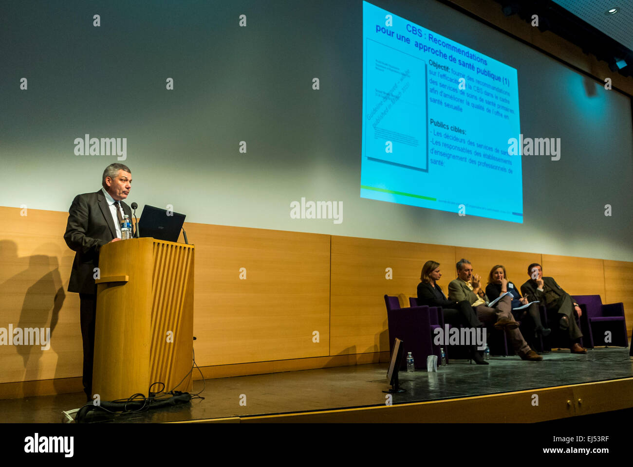 Paris, France, French Health Minister Meeting on Sexually Transmitted Diseases, "Pr. François Dabis," (HCSP Haut conseil de la Santé publique) Giving Presentation C.B.S. scientists meeting, Making an announcement, speaker Podium Stock Photo