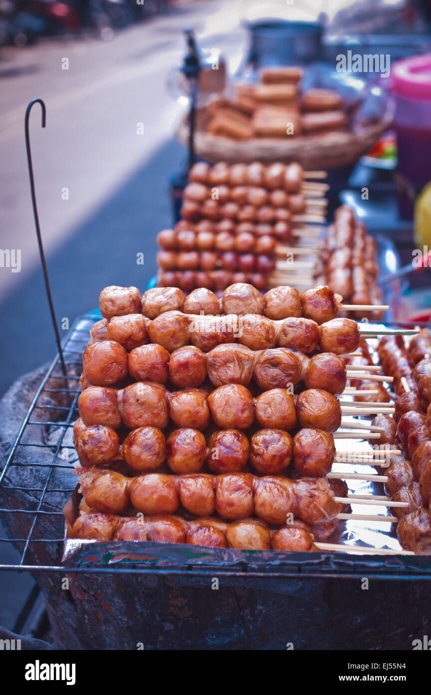 Thai street food in Bangkok skewer meatballs Stock Photo Alamy