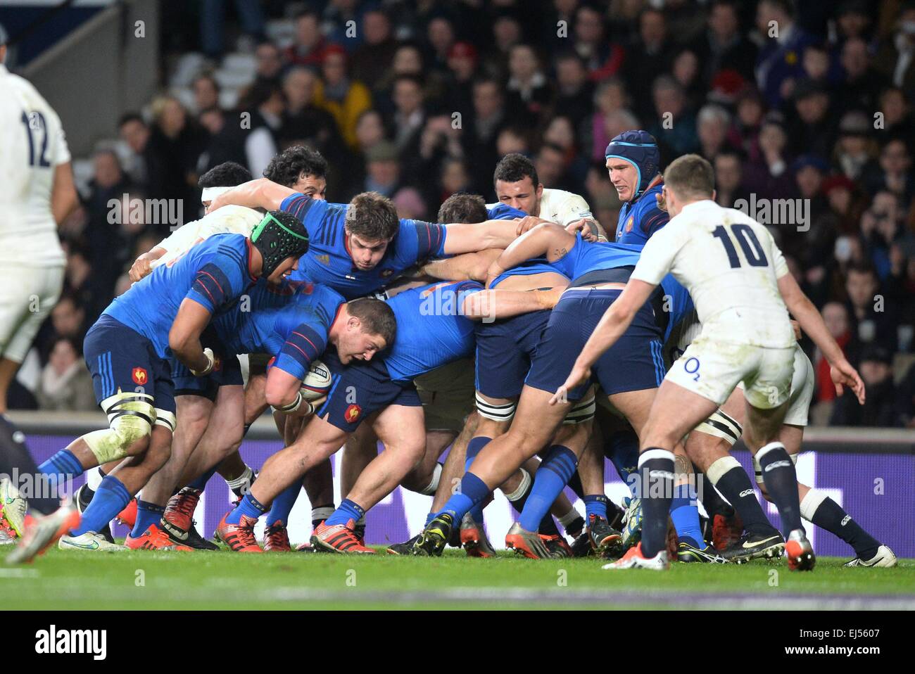 Twickenham, London UK. 21st Mar, 2015. 6 Nations Rugby international. England versus France. Benjamin Kayser (fra) pushes the pack over for a French try Credit:  Action Plus Sports/Alamy Live News Stock Photo