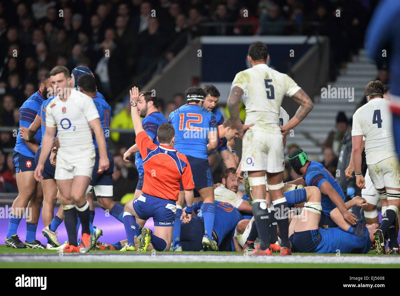 Twickenham, London UK. 21st Mar, 2015. 6 Nations Rugby international. England versus France. Benjamin Kayser (fra) pushes the pack over for a French try Credit:  Action Plus Sports/Alamy Live News Stock Photo