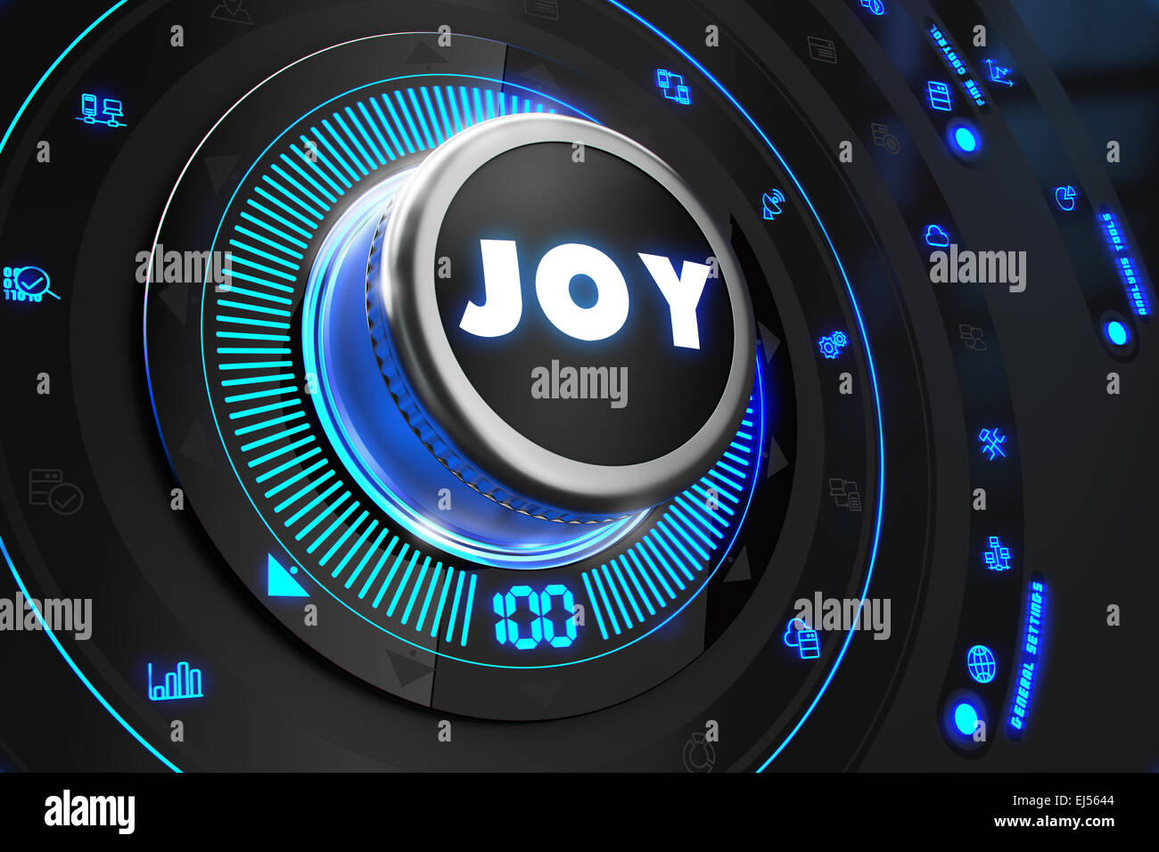 Joy Button with Glowing Blue Lights. Stock Photo