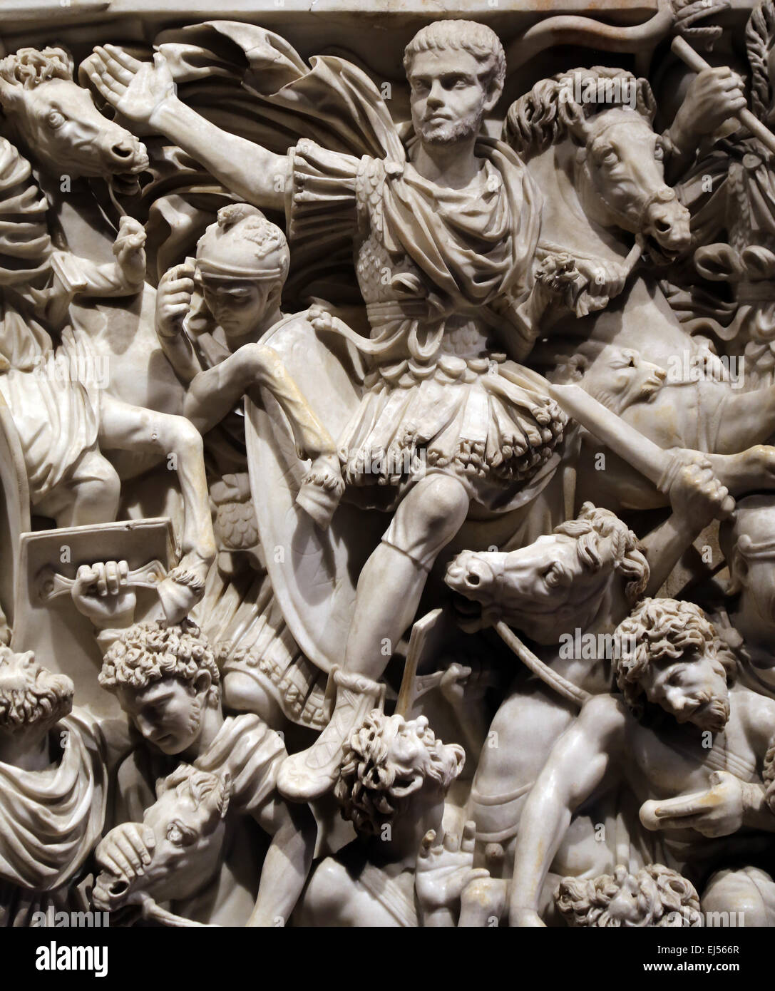 Ludovisi Battle sarcophagus. 3rd century. Roman era. Battle scene between Romans and Goths. In the center with horse Hostilian. Stock Photo