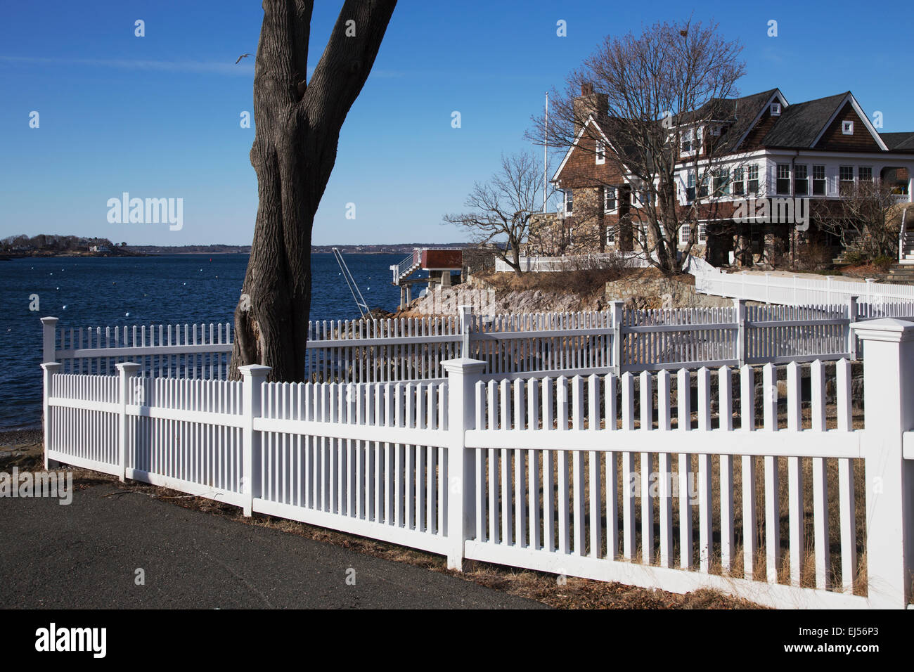 White picket fence in scenic Marblehead, Massachusetts, USA Stock Photo