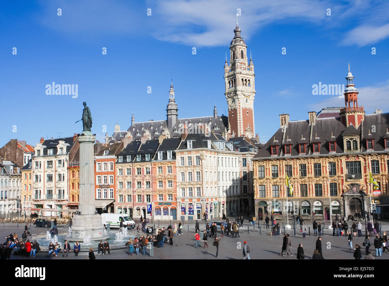 Chambre of Commerce and Statue and Column of Deesse (1845) at the Place General de Gaulle in Lille, France. Stock Photo