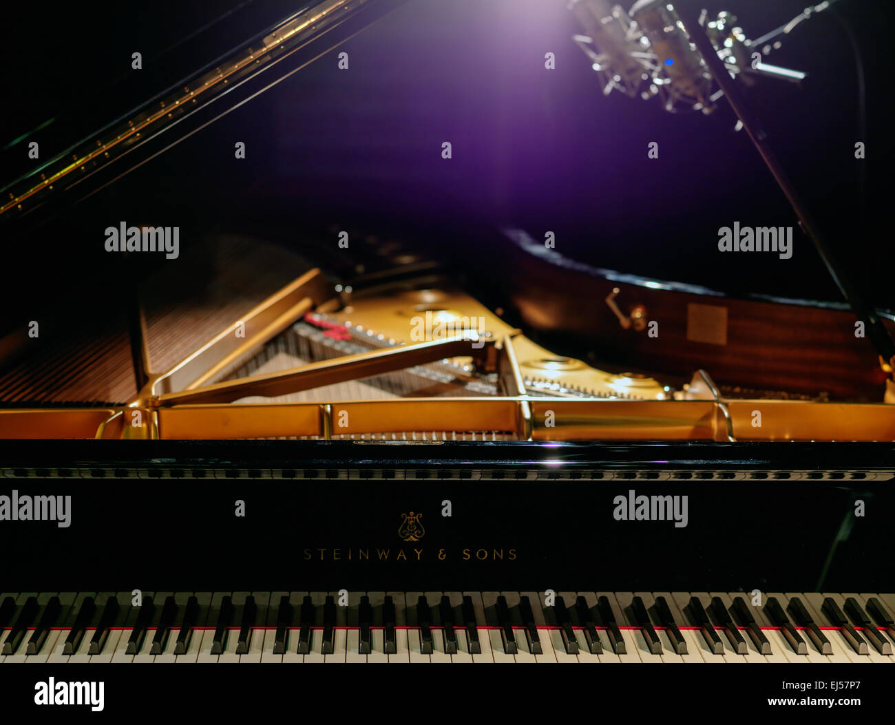 Steinway Grand D (Hamburg) concert grand piano during recording session. Two Neumann D-01 digital microphones. Stock Photo