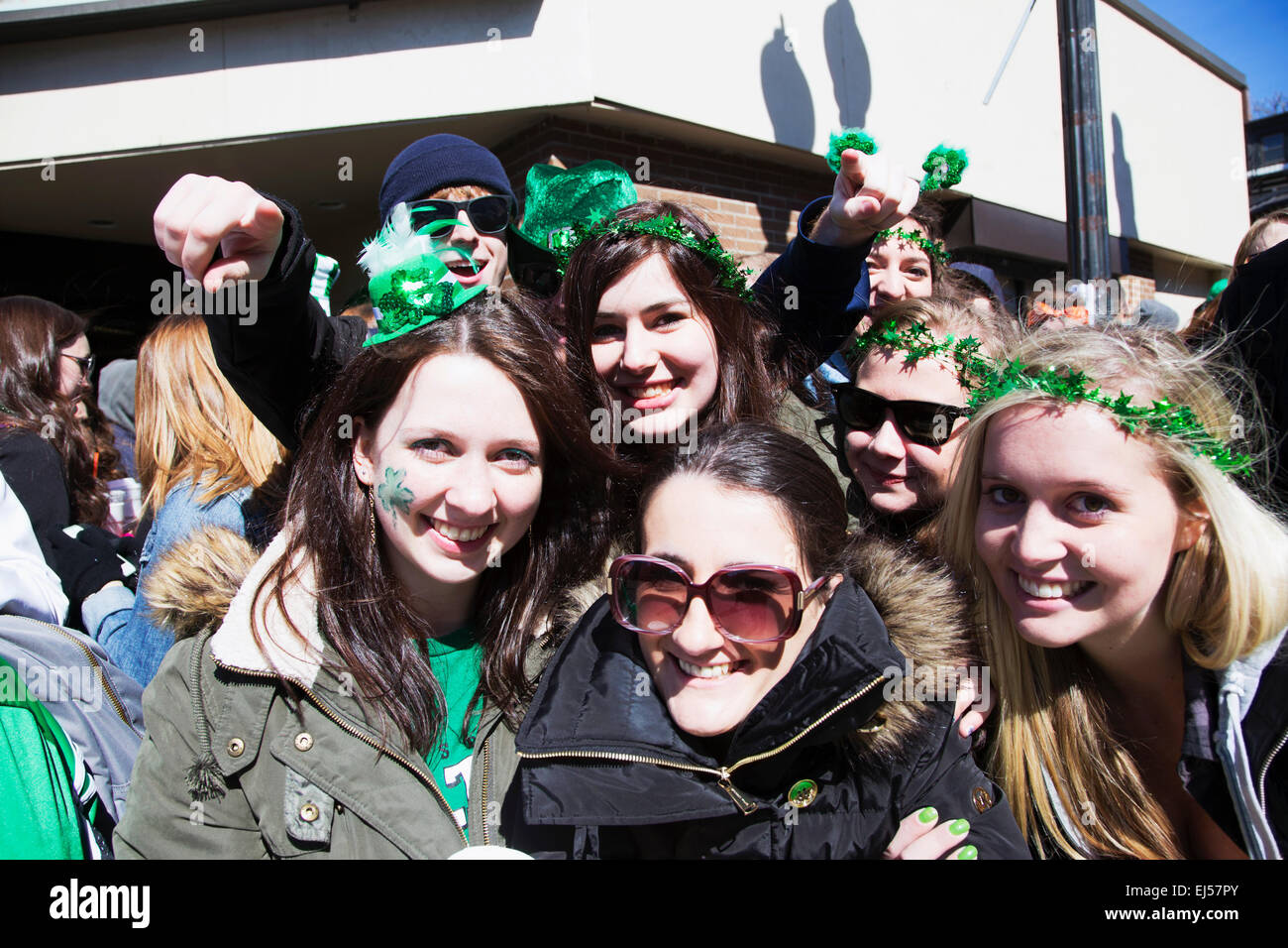 Enthusiastic female crowd, St. Patrick's Day Parade, 2014, South Boston, Massachusetts, USA Stock Photo