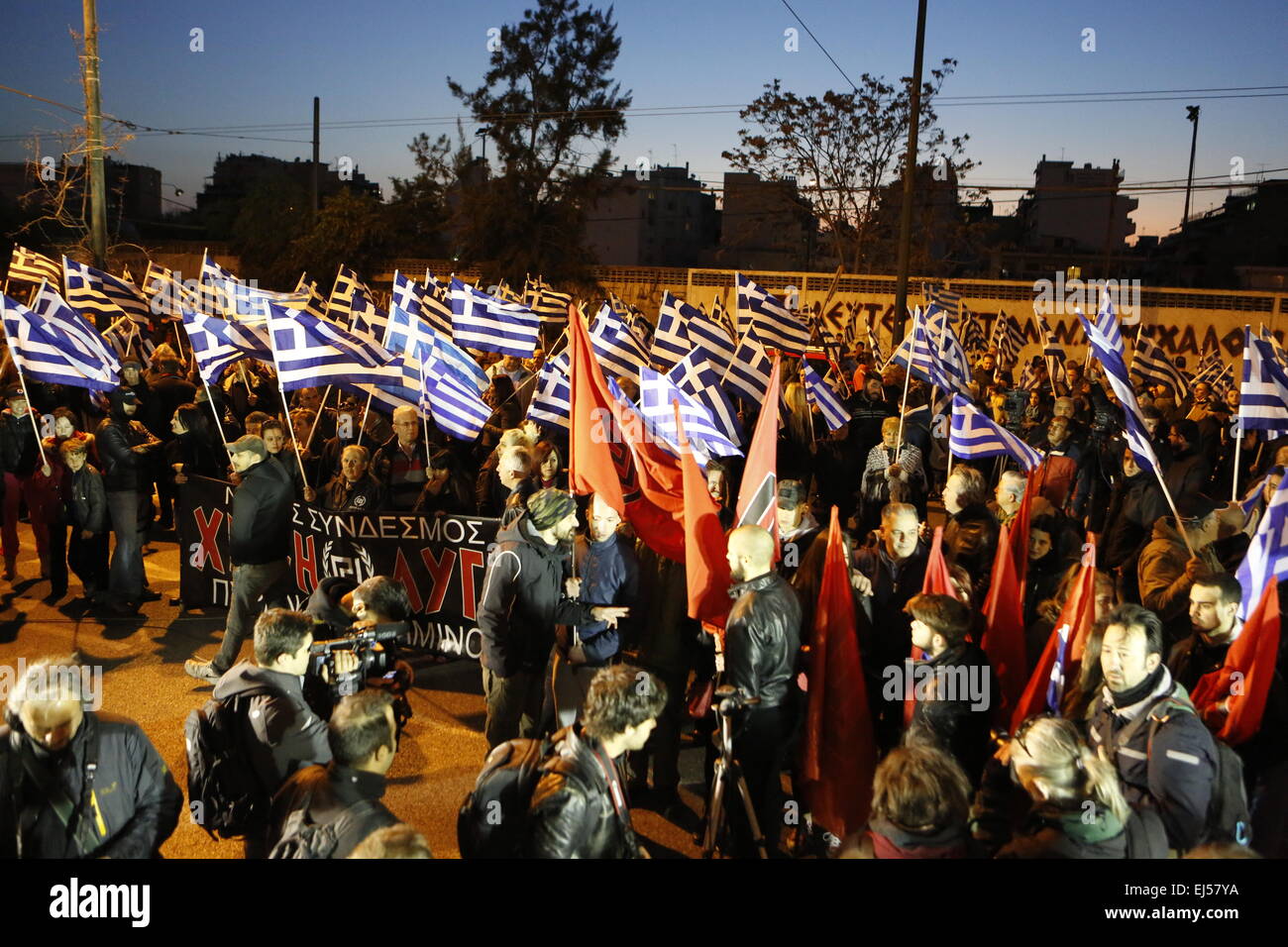 Athens, Greece. 21st March 2015. Hundreds of Golden Dawn supporters have come to the anti immigration rally. Greek right wing party  Golden Dawn held an anti immigration rally on the International Day against Racism in Athens. Credit:  Michael Debets/Alamy Live News Stock Photo