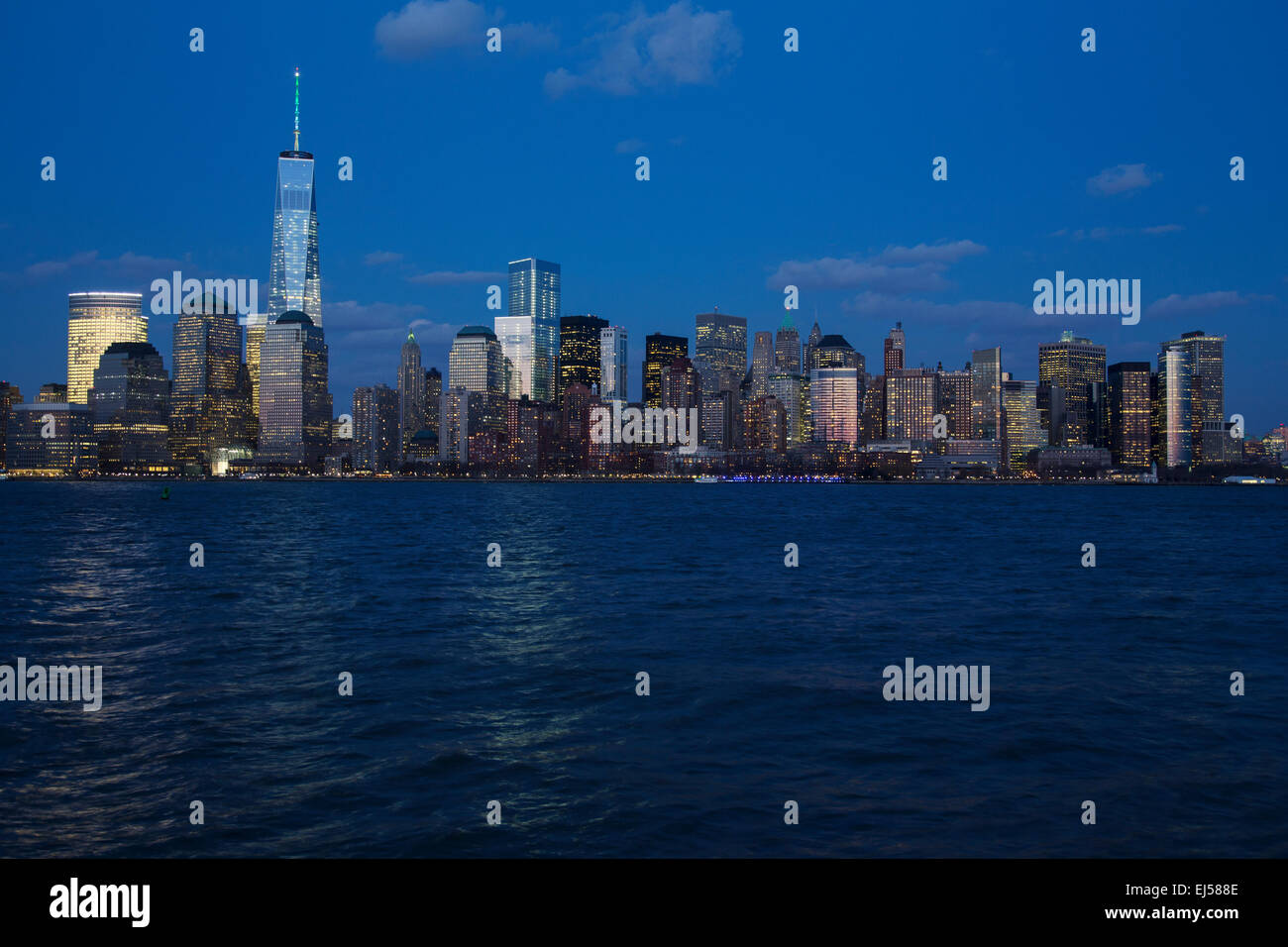 Panoramic view of New York City Skyline at dusk featuring One World ...