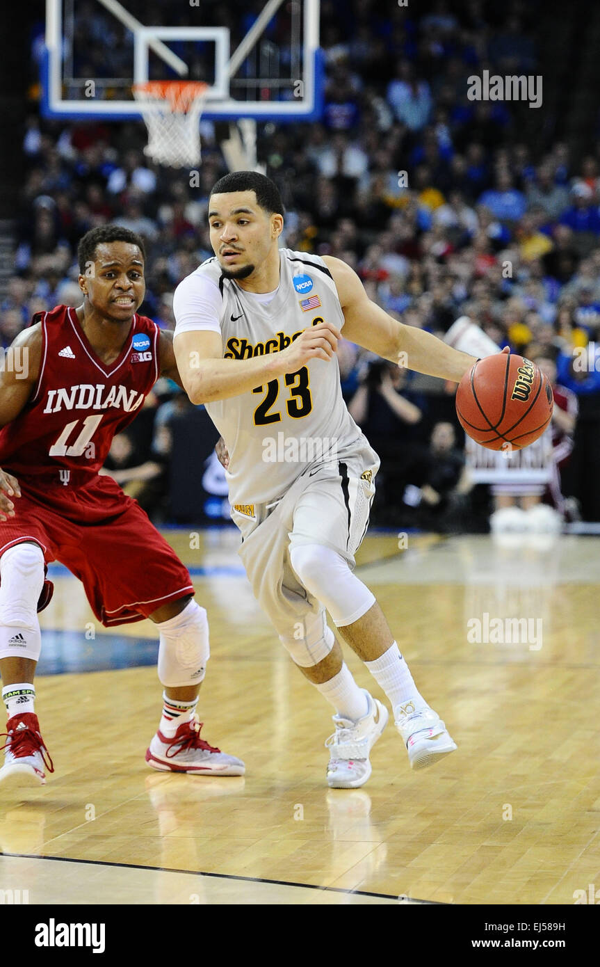March 20, 2015: Wichita State Shockers guard Fred VanVleet (23) drives to the basket past Indiana Hoosiers guard Yogi Ferrell (11) during the NCAA Men's Basketball Tournament Midwest Regional game between the Indiana Hoosiers and the Wichita State Shockers at the Centurylink Center in Omaha, Nebraska. The Shockers won the game 81-76. Kendall Shaw/CSM Stock Photo