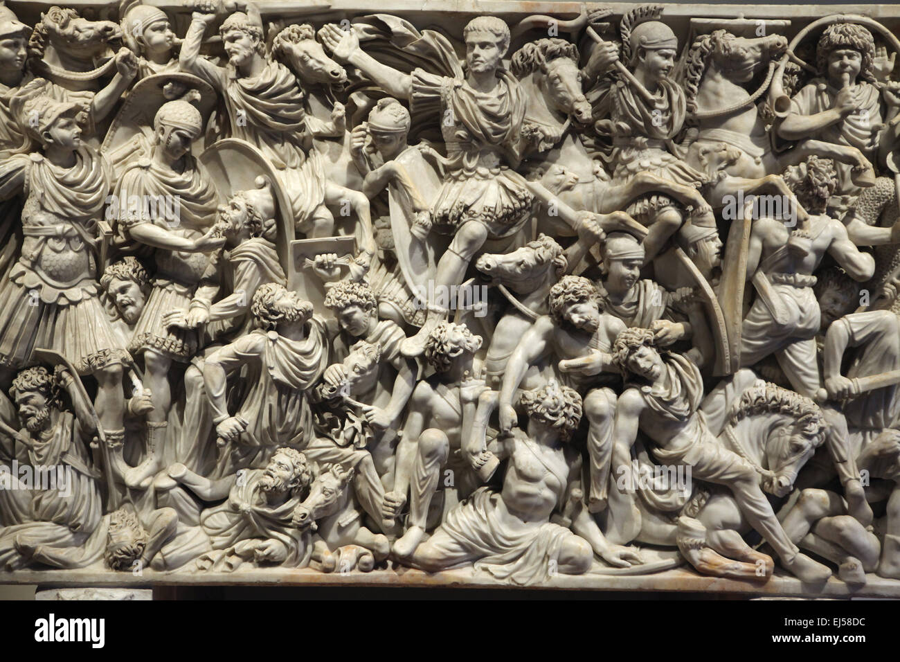 Great Ludovisi Sarcophagus. Roman sarcophagus from around 250-260 AD. National Roman Museum, Palazzo Altemps, Rome, Italy. Battle between Romans and Barbarians is depicted in the front panel of the sarcophagus from a tomb near the Porta Tiburtina. Stock Photo