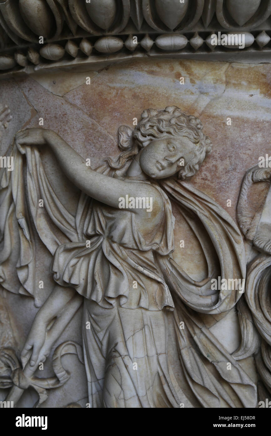 Roman sarcophagus with Dionysian. Detail of Maenad. 150 AD. Vatican Museums. Stock Photo