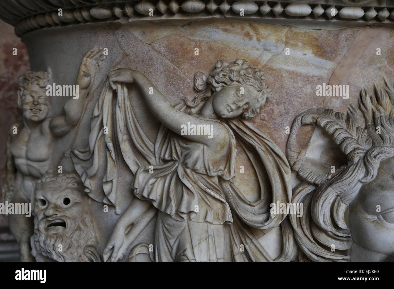 Roman sarcophagus with Dionysiac procession. Detail of Maenad. 150 AD. Vatican Museums. Stock Photo