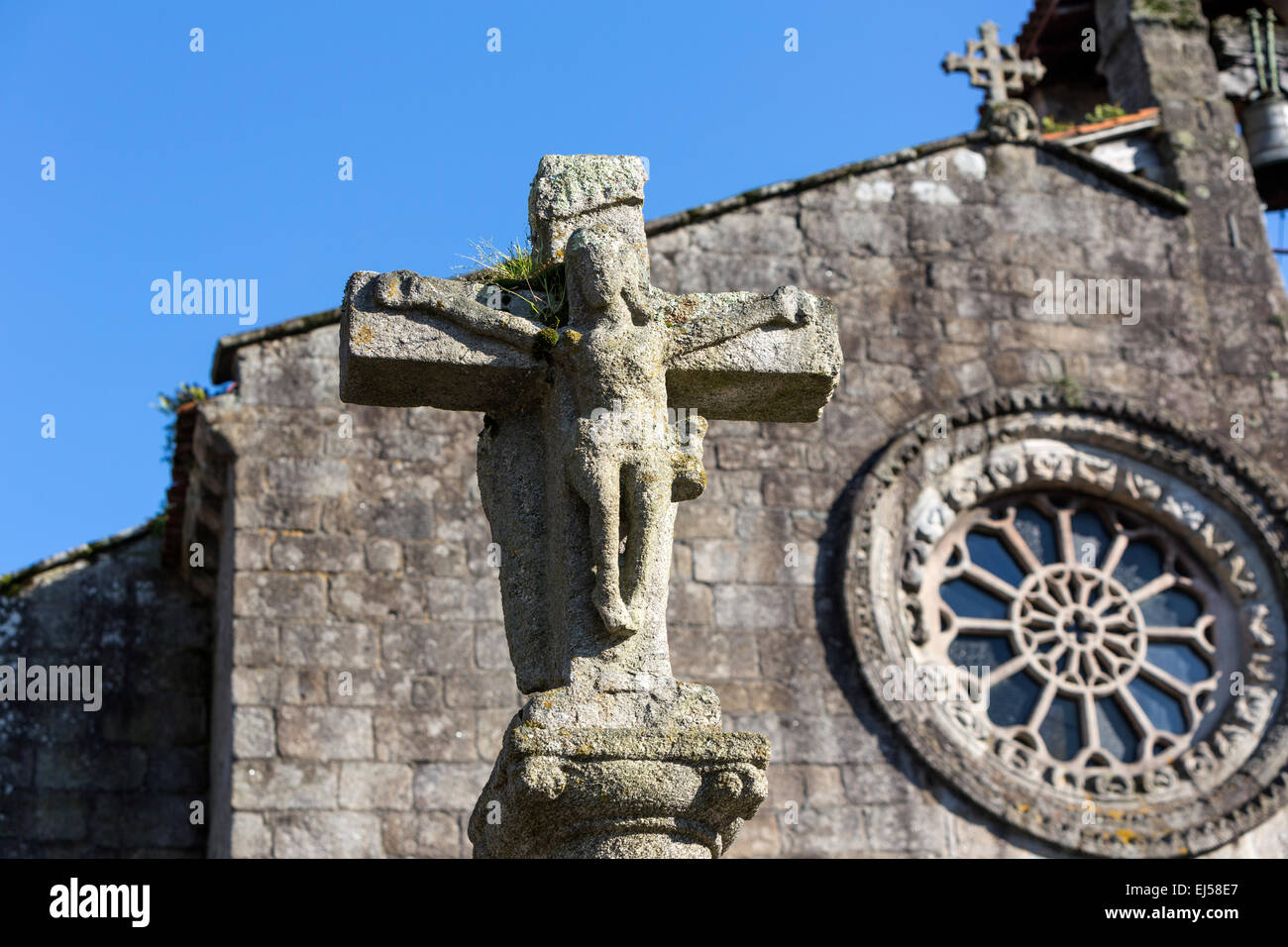 Cruceiro, stone cross, in Santa María del Azogue church, Plaza Fernán Pérez de Andrade, Betanzos Stock Photo
