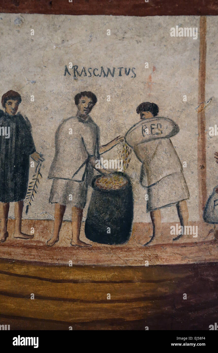 Fresco fragment showing the river boat Isis Geminiana embarking provisions for transportation. First half of 3rd century AD. Stock Photo