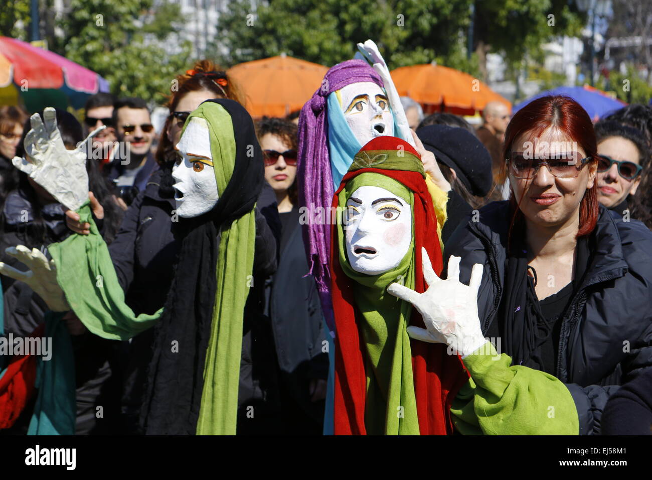 Athens, Greece. 21st March 2015. Puppets perform on Syntagma Square ...
