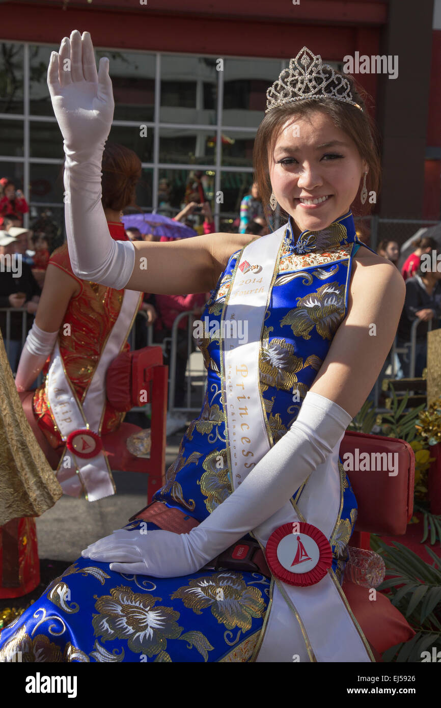Waving Princess, 115th Golden Dragon Parade, Chinese New Year, 2014, Year of the Horse, Los Angeles, California, USA Stock Photo