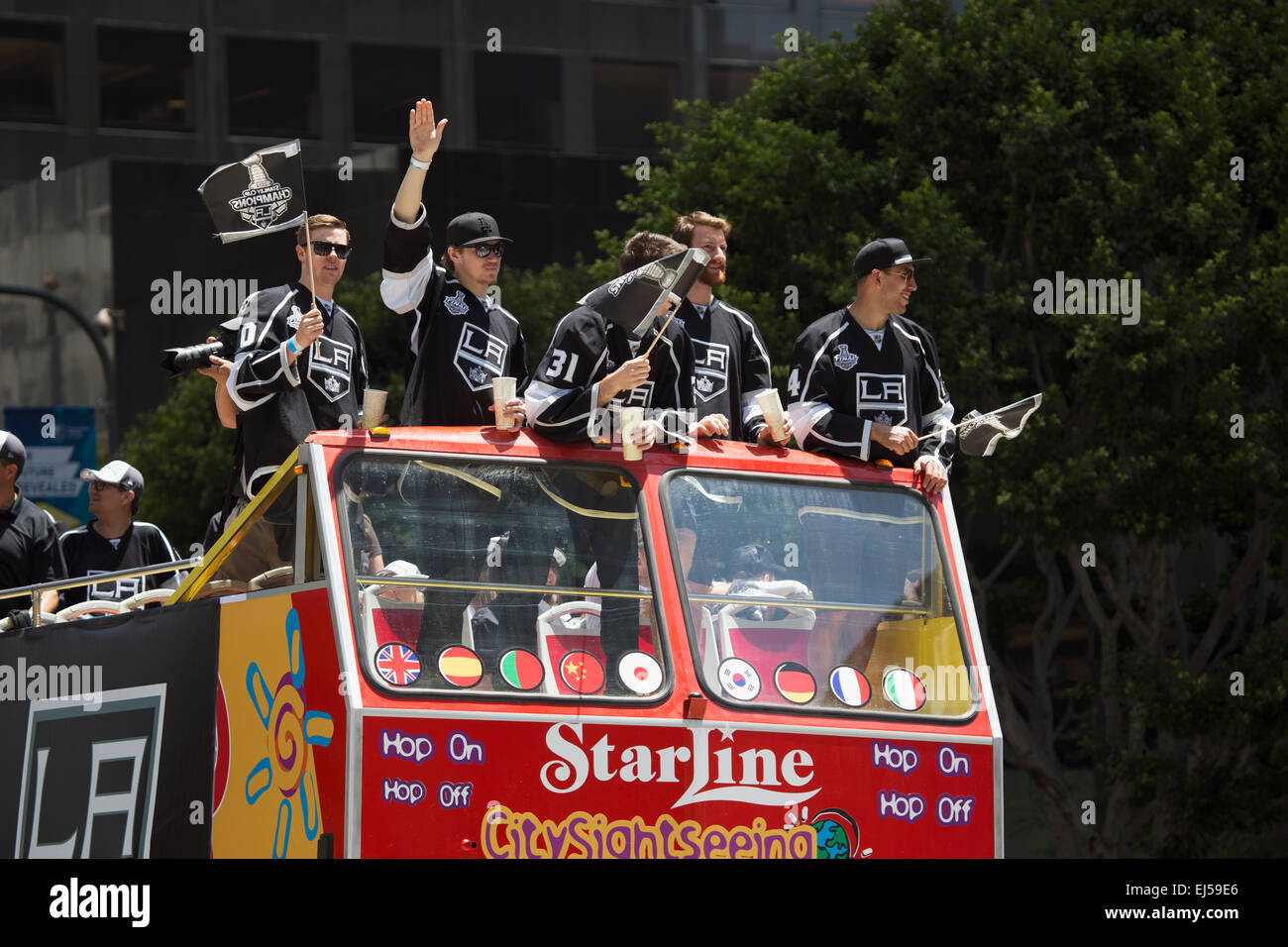 Jeff Schultz, Tyler Toffoli, and Martin Jones, Dwight King and Tanner Pearson at LA Kings 2014 Stanley Cup Victory Parade, Los Angeles, California, USA Stock Photo