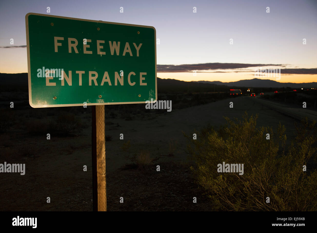 Freeway Entrance road sign at sunset, onto Interstate 10, California, USA Stock Photo