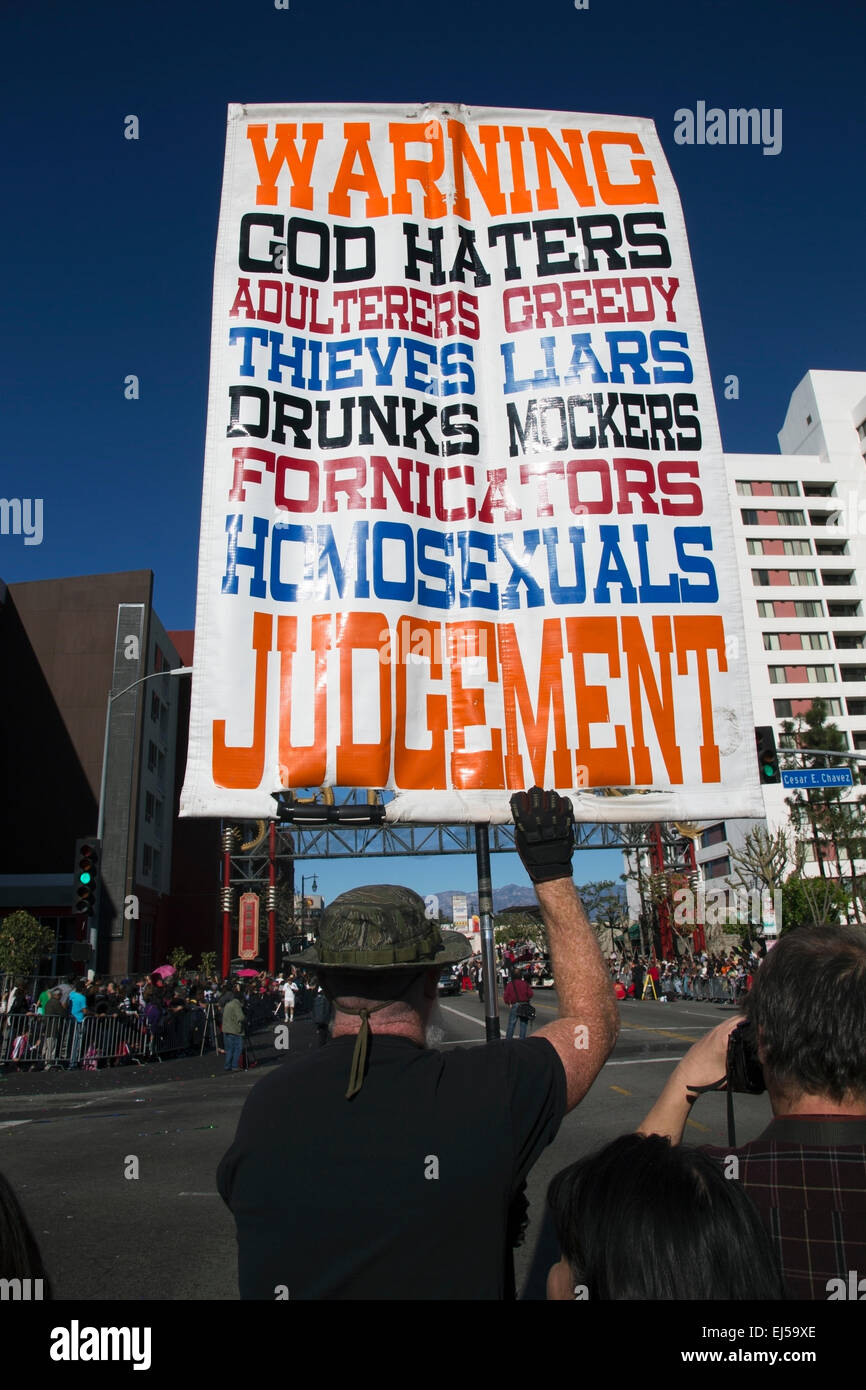 Sign for Christian extremist, anti-homosexual and atheists, hold sign, Chinese New Year, Los Angeles, California, USA Stock Photo