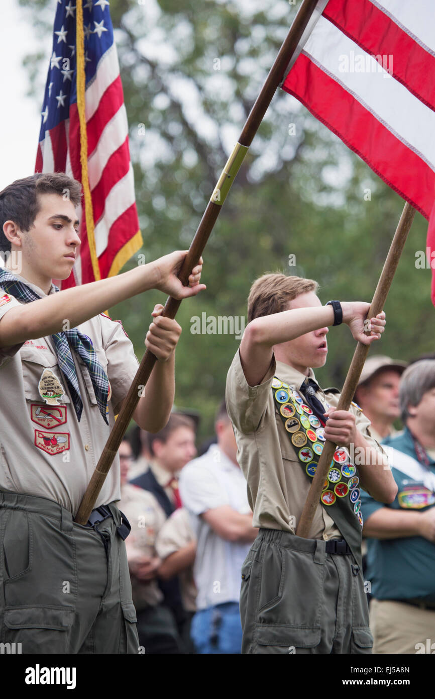 Boyscouts display US Flag at solemn 2014 Memorial Day Event, Los Angeles National Cemetery, California, USA Stock Photo