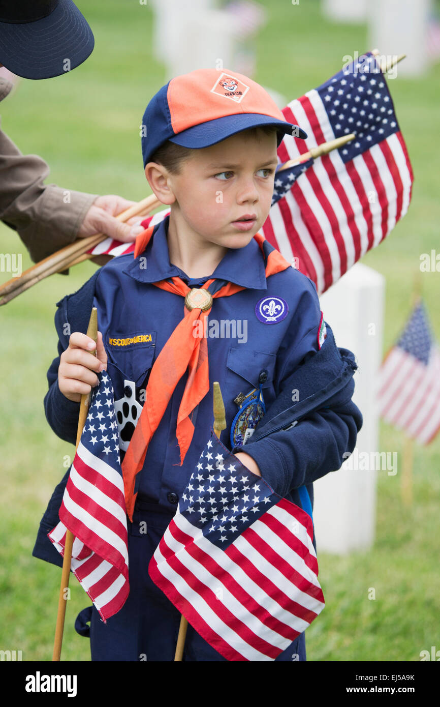 Cubscout places one of 85, 000 US Flags at 2014 Memorial Day Event, Los Angeles National Cemetery, California, USA Stock Photo