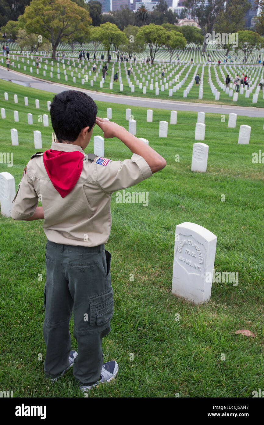 Boyscout salutes at one of 85, 000 US Flags at 2014 Memorial Day Event, Los Angeles National Cemetery, California, USA Stock Photo